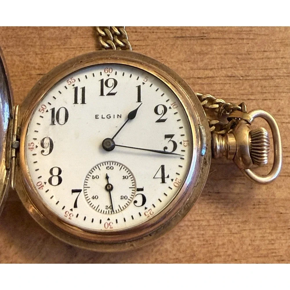 Antique 1916 Elgin Pocket Watch Gold Filled W/ Necklace Inscribed Needs Battery